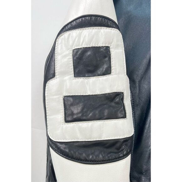 Vintage The Original 8 Ball Leather Bomber Jacket Black Navy Cream Size Large - Picture 7 of 15